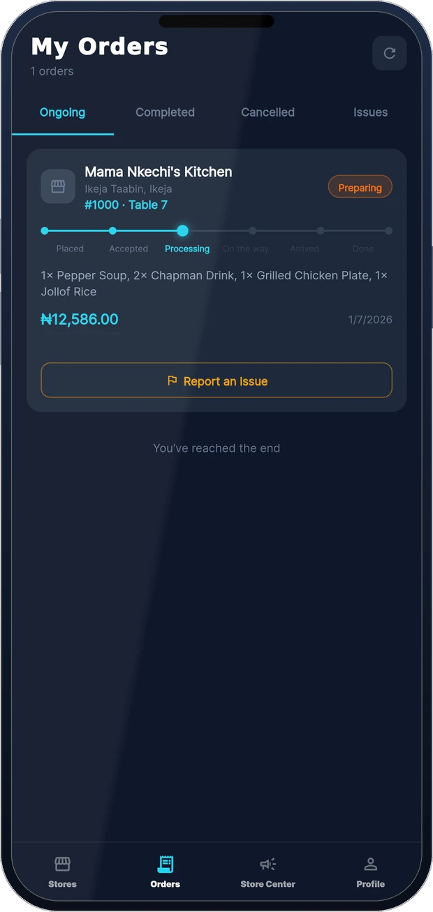 Live orders board with status tracker