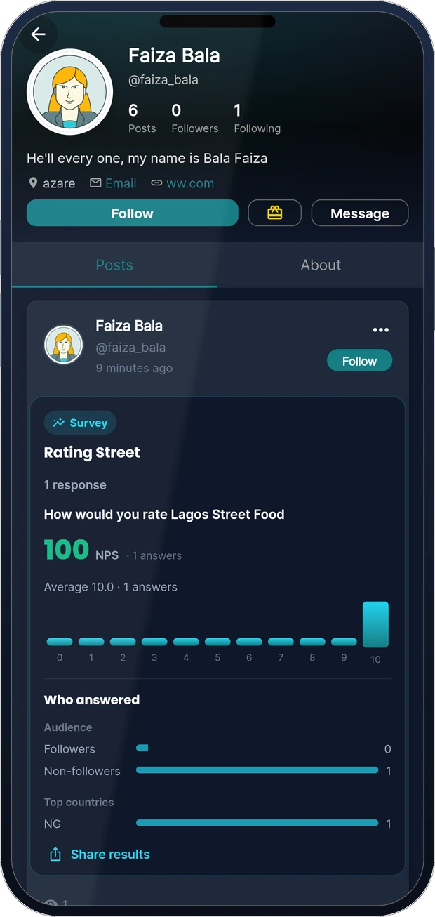 A survey post with live results and a coin reward